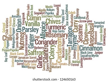 Word cloud containing names of 100 most popular spices with ten most common emphasized with font size