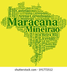 Word cloud containing names of Brazilian stadiums and arenas in shape of Brazil which will host soccer (football) championship in 2014, green on yellow background