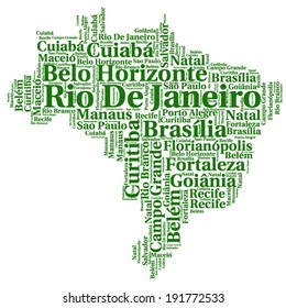 Word cloud containing names of Brazilian cities in shape of Brazil which will host soccer (football) championship in 2014, green on white background