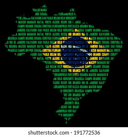 Word cloud containing names of Brazilian cities in shape of Brazil, with brazilian flag on the black background