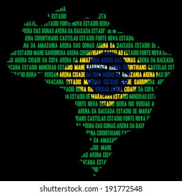 Word cloud containing names of Brazilian stadiums and arenas in shape of Brazil, with brazilian flag on the black background