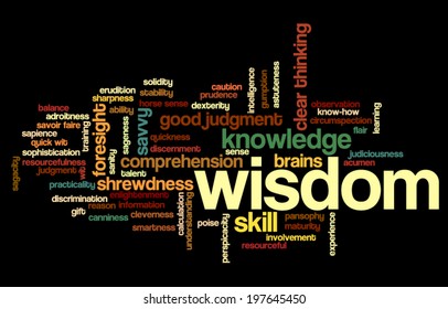 Word cloud containing terms related to wisdom, cleverness, intelligence, reason, shrewdness, skills, talent, wit, resourcefulness, foresight and knowledge.