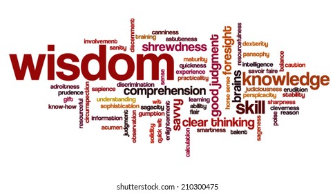 Word cloud containing terms related to wisdom, cleverness, intelligence, reason, shrewdness, skills, talent, wit, resourcefulness, foresight and knowledge.