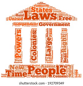 Word cloud containing words of Declaration of Independence ordered by frequency in the shape of White House, Washington DC