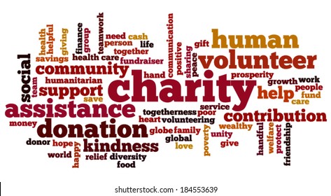 Word cloud containing words related to charity, assistance, health care, kindness, human features, positivity, volunteering, donations, help and similar