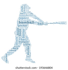 Word cloud containing words related to baseball in shape of baseball player, black letters on white background