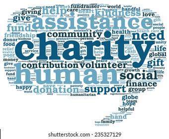 Word cloud containing words related to charity, assistance, health care, kindness, human features, positivity, volunteering, donations, help and similar in the shape of the callout