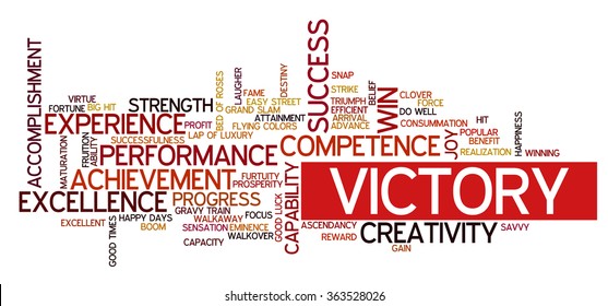 Word cloud containing words related to success, accomplishment, winning, achievement, experience, creativity, triumph, victory, performance, excellence, competence and other business related words.