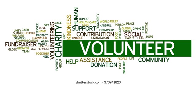 Word cloud containing words related to charity, assistance,welfare, kindness, volunteering, fundraiser, human features, positivity, volunteering, donations, help and similar