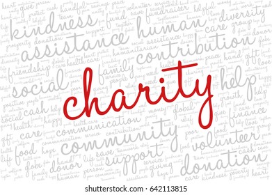 Word cloud containing words related to charity, assistance, health care, kindness, human features, positivity, volunteering, donations, help and similar.  Word "charity" emphasized.