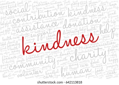 Word cloud containing words related to charity, assistance, health care, kindness, human features, positivity, volunteering, donations, help and similar.  Word "kindness" emphasized.