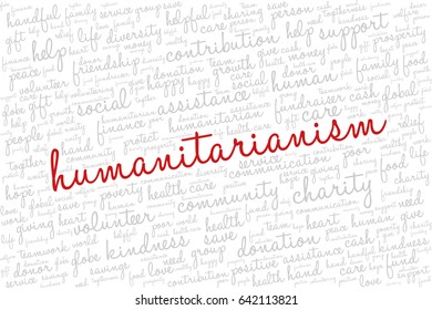 Word cloud containing words related to charity, assistance, health care, kindness, human features, positivity, volunteering, donations, help and similar.  Word "humanitarianism" emphasized.