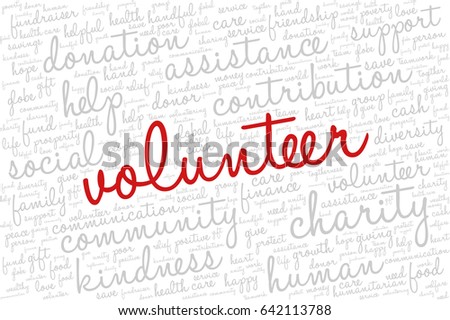 Word cloud containing words related to charity, assistance, health care, kindness, human features, positivity, volunteering, donations, help and similar.  Word "volunteer" emphasized.