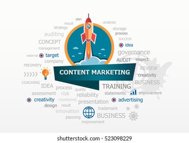 Das Wort Cloud Content Marketing Konzept auf dem Hintergrund mit Rakete. Projekt für Webbanner und gedruckte Materialien.