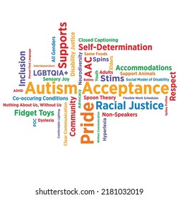 A word cloud created for "Autism Acceptance Month" in rainbow colors.