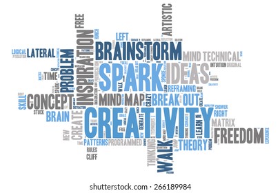 Word Cloud - Creativity and Inspiration. word cloud about the creative process, grey, blue, white 