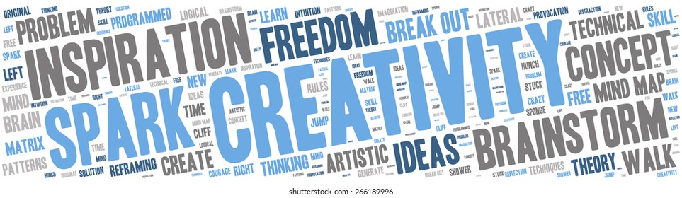 Word Cloud - Creativity and Inspiration. word cloud about the creative process, grey, blue, white 