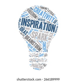 Word Cloud - Creativity, Inspiration and Ideas. word cloud about the creative process, grey, blue, white. Isolated Light Bulb Shape 