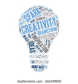 Word Cloud - Creativity, Inspiration and Ideas. word cloud about the creative process, grey, blue, white. Isolated Light Bulb Shape