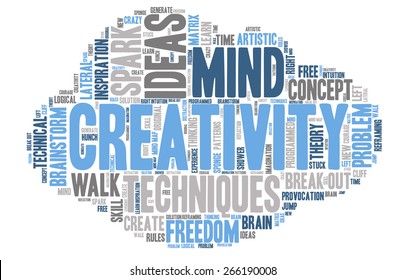 Word Cloud - Creativity, Inspiration and Ideas. word cloud about the creative process, grey, blue, white. Cloud Shaped 