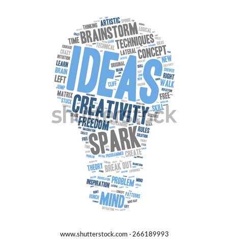 Word Cloud - Creativity, Inspiration and Ideas. word cloud about the creative process, grey, blue, white. Isolated Light Bulb Shape 