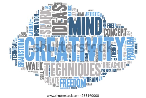 Word\
Cloud - Creativity, Inspiration and Ideas. word cloud about the\
creative process, grey, blue, white. Cloud Shaped\
