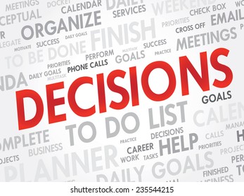 Word cloud of DECISIONS related items, vector presentation background