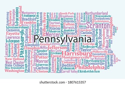 Word cloud design includes all counties, major cities, boroughs and municipalities in the state of Pennsylvania. Four different color with four different fonts. It's an editable vector.