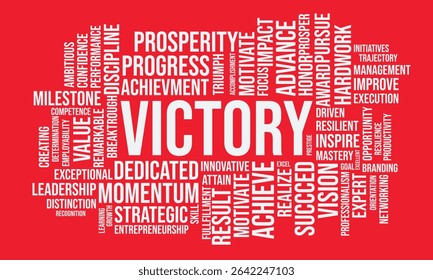 Word cloud design with motivational and success-related words like “Victory”, “Discipline”, and “Progress” on a bold red background. Great for posters, branding, and presentations.
