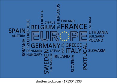 Word cloud of different European countries on a blue background  