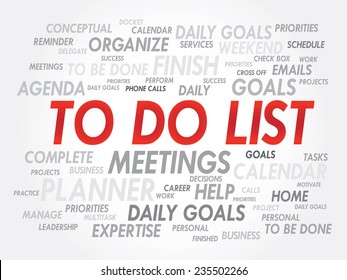 Word cloud of TO DO LIST related items, vector presentation background