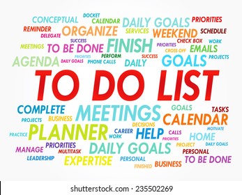 Word cloud of TO DO LIST related items, vector presentation background