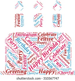 Word cloud in the form of abstract cake with candles