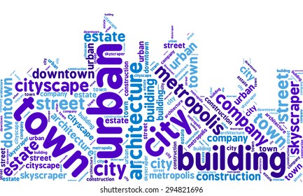 Word cloud in the form of an abstract cityscape