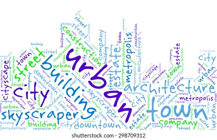 Word cloud in the form of an abstract cityscape