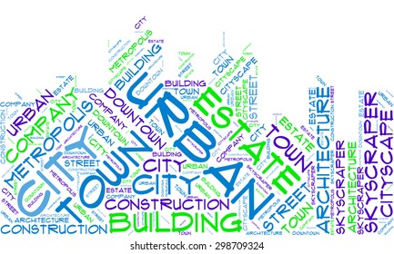 Word cloud in the form of an abstract cityscape