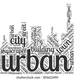 Word cloud in the form of an abstract cityscape