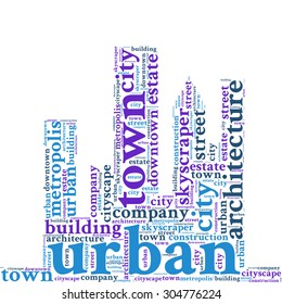 Word cloud in the form of an abstract cityscape