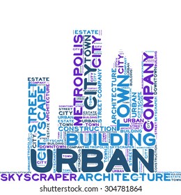 Word cloud in the form of an abstract cityscape