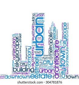 Word cloud in the form of an abstract cityscape