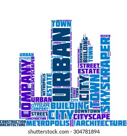 Word cloud in the form of an abstract cityscape