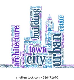Word cloud in the form of an abstract cityscape
