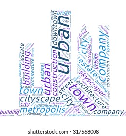 Word cloud in the form of an abstract cityscape