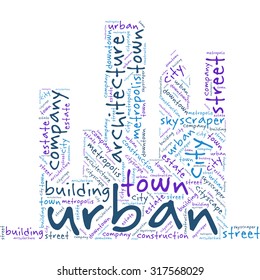 Word cloud in the form of an abstract cityscape