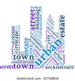 Word cloud in the form of an abstract cityscape