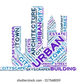 Word cloud in the form of an abstract cityscape