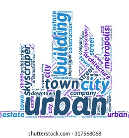 Word cloud in the form of an abstract cityscape