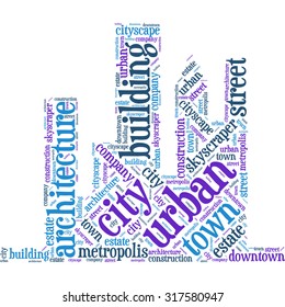 Word cloud in the form of an abstract cityscape