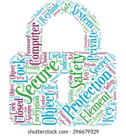 Word cloud in the form of an abstract lock. Visual representation of protection and secure