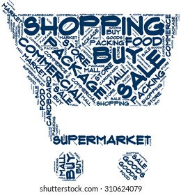 Word cloud in the form of an abstract supermarket shopping cart 